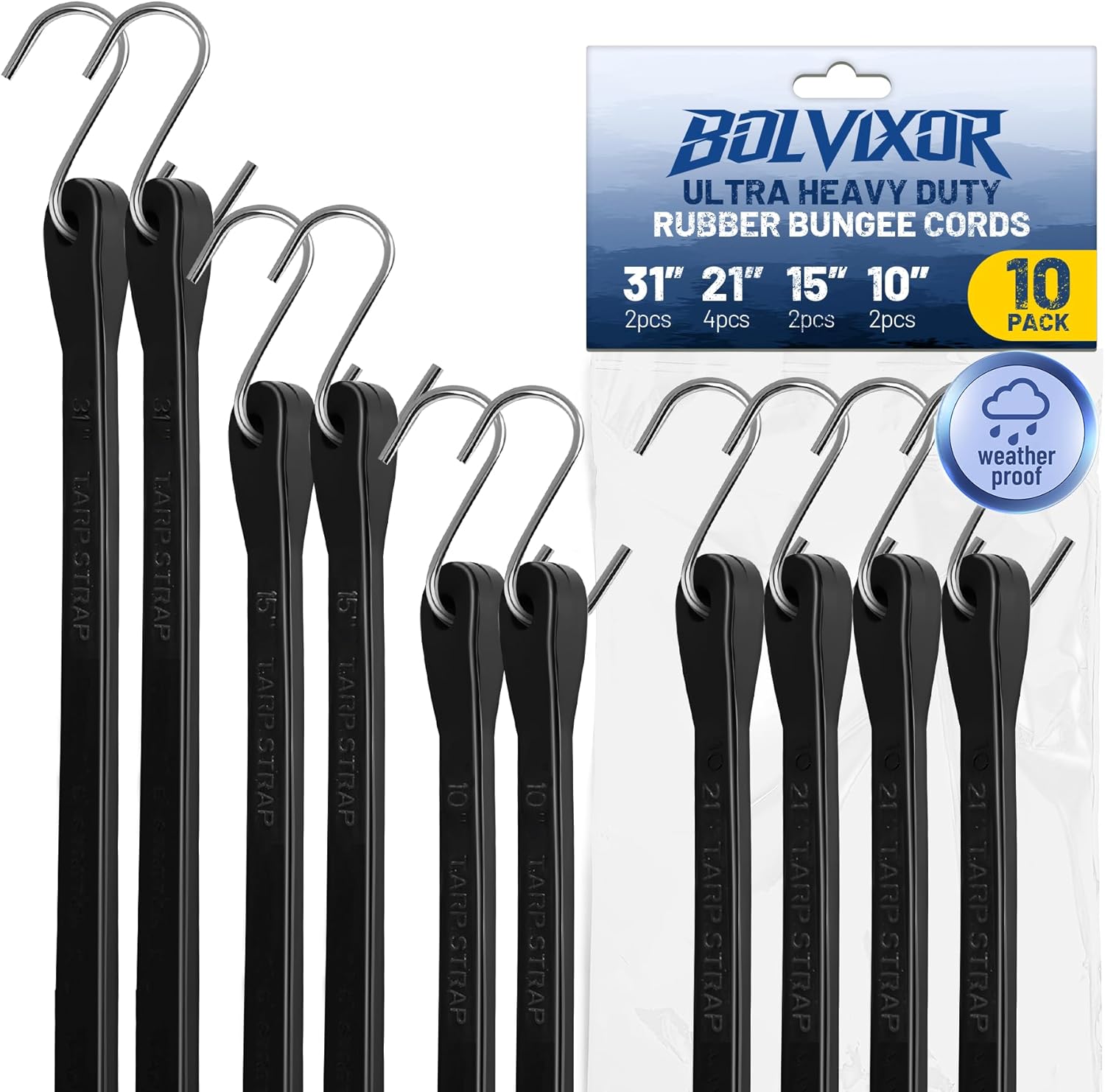 Bungee Cords with Hooks (10 Pack) – 10", 15", 21", 31" Heavy Duty